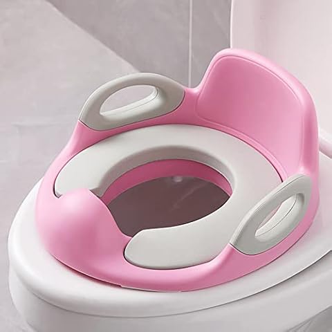 HENGMEI Potty Trainer Toilet Seat for Toddler Kids Child Baby Potty Training Seats Children Toilet Trainer Non-Slip PU Padded Cushion with Handle and Splash Guard Pink Cover