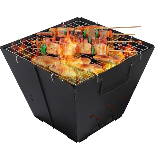 REDCAMP Faltbare Feuerstelle mit Grillrost für Camping - 2-in-1 Feuerschale für Picknick, Garten & Terrasse - Inkl. Tragetasche aus Eisen (Schwarz)