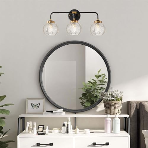 Image of Bathroom Vanity Light Fixture 3 Light Glass Globe Wall Sconce Lights | Black Wall Mount Light Fixtures with 5.9in Clear Glass Shade, Mid Century Modern Wall Sconce for Over Mirror Bedroom Hallway