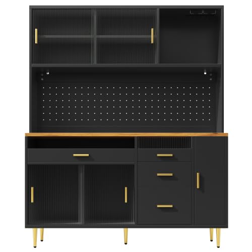 Armario alto para salón, iluminación LED, sistema de estanterías de altura ajustable, puertas correderas de cristal, botellero, solución de almacenamiento modular, negro, 145 × 39 × 171 cm