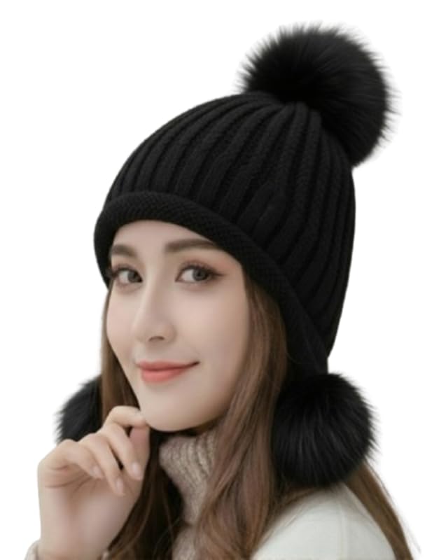 brats n beauty Winter Fluffy Fur Double Pom Pom Kintted Cap for Women, Soft Warm Ear Protection Hats Female Outdoor Plush Coldproof Ball Beanies-picture-14
