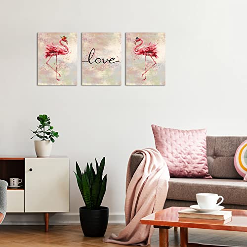 Conipit Flamingo Canvas Wall Art For Living Room Pink Wall Prints Love Artwork For Wall Romantic Flamingo Painting Wall Decor Framed Ready To Hang 12''X16''X3 Panels #TOP3