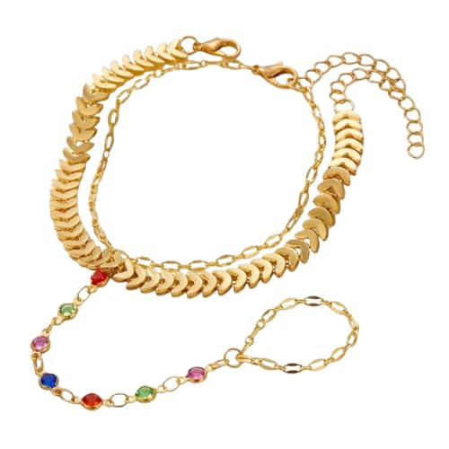 Parure de main vintage avec bracelet perlé cristal et feuilles d'or précieux
