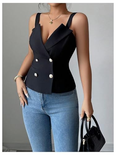 SweatyRocks Women's V Neck Button Front Tank Tops Elegant Sleeveless Work Vest Top2
