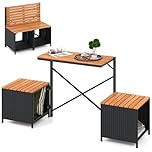 COSTWAY 2 in 1 Panchina Convertibile da Esterno, Portata 360 kg, Set Salottino da Giardino Trasformabile in Rattan PE e Legno di Acacia, Set Tavolo e Sedie da Picnic per Veranda, Giardino e Terrazza