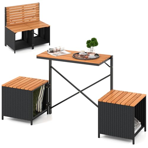 Tangkula 3-in-1 Convertible Bench Bar Table Outdoor Folding Table and Chairs w/Metal Frame & Woven Rattan Interchangeable Acacia Wood Garden Loveseat Convert A Bench for Porch Backyard Balcony