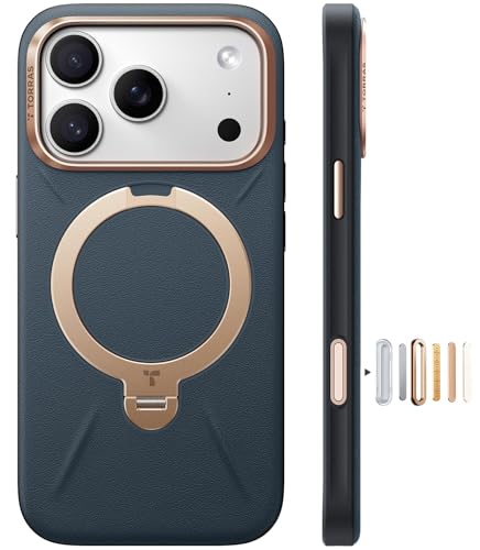 Image of TORRAS Q3 VegSkin Original Imported for iPhone 17 Pro Case, 360 Spin Stand, MagSafe Compatible, Mil-Grade Drop Tested, Camera Control, Premium Organic Silicone Leather for 17 Pro Cover, Deep Blue