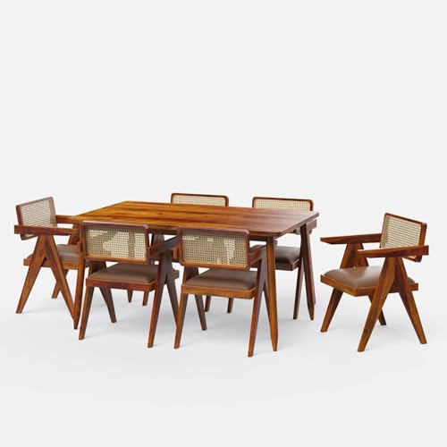 Image of Wooden Dining Table Set with 6 Chairs, Natural Oak, Rectangular, Modern Style, Cane Back Chairs with Cushions (Table (150 cm x 90 cm Cushion Couler Valvet)