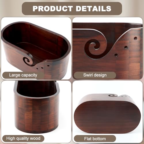 Image of Wooden Crochet Bowl, Multi-Hole Yarn Holder for Knitting, Gift for Mom, Wife, Girlfriend & Knitting Lovers (Brown)