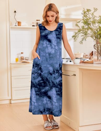 Ekouaer Nightgowns for Women Sleeveless Sleepshirt Long Print House Dress Tank Nightshirt Maxi Casual Dress with Pockets3