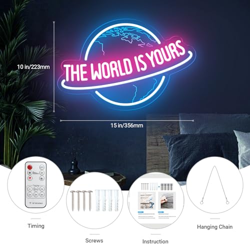 Image of The World is Yours Neon Sign with Remote Dimmer, Ice Blue Pink Planet LED Neon Light Lamp for Wall Decor, Man Cave Home Bar Game Room Bedroom Birthday Gift Graduation Party