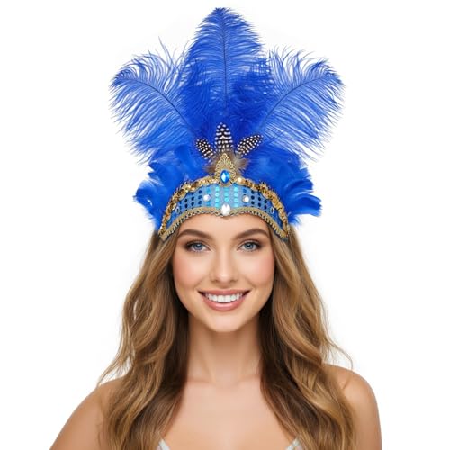 NUXMAW Showgirl Feather Headpiece Carnival Headband Vegas Costume Accessories Rio Mardi Gras Party (Blue)
