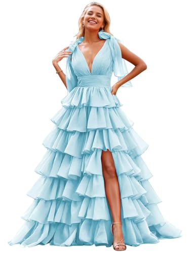 Image of TORYEMY Tiered Tulle Prom Dress Long Ball Gown Deep V Neck Formal Evening Dresses with Slit Ruched for Women