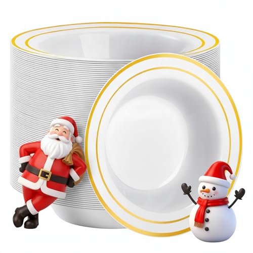 Goodluck 100 Pack Plastic Bowls with Gold Rim, 12oz Disposable Soup Bowls, Heavy Duty Dessert Bowls for Weddings, Parties, Dinners, Catering, Thanksgiving and Everyday Use
