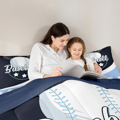 Image of Feelyou Kids Baseball Comforter Set King Size Blue White Baseball Game Bedding Set for Boys Girls Sport Theme Duvet Set Softball Lover Quilt Set 2Pcs