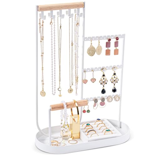 ProCase Jewelry Organiser Jewelry Holder Jewelry Stand with Velvet Ring Tray and Study Metal Frame, Necklace Holder Organizer Bracelet Display Storage Rack for Studs Rings -White