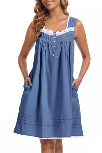 Image of AVIIER 100% Cotton Nightgowns for Women Sleeveless Night Gown with Pockets