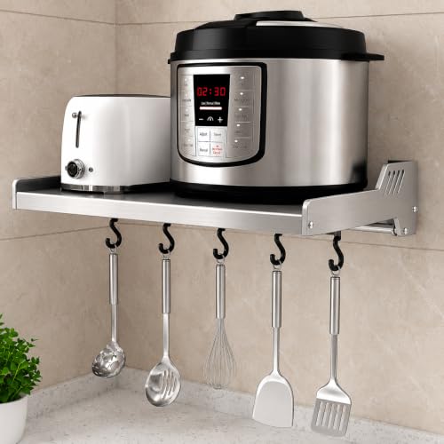 Image of Saifix Microwave Stand For Kitchen | Wall Mounted Oven Stand | Stainless Steel Hanging Dish Rack | Pot Racks | Utensil Organiser | Kitchware Rack (60 L x 40 W x 18 H CM's, Steel, OS-24)