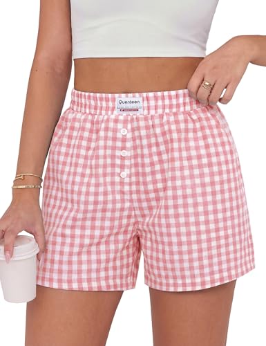 Quenteen Pj Summer Shorts for Women Cotton Pajama Shorts 2026 Summer Casual Lounge Sleep Striped Y2K Beach Pj Bottoms Pockets Pink XL