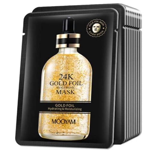 Mascarilla Facial Oro 24 K (10 ud) con Ácido Hialurónico Antiarrugas (28ml), Cuidado De La Piel & Hidratante Vegana Skincare - Fórmulas Coreanas con ingredientes activos, Mascarilla Facial Mujer.