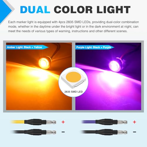 Nilight 3/4" Dual Color Marker Light 10PCS Amber to Purple Turn Signal Auxiliary Side Marker Clearance Indicator Bullet Lights 3 Plug IP68 Waterproof for Trailer Truck Pickup Camper RV ATV UTV Van Bus by Nilight - Image 3