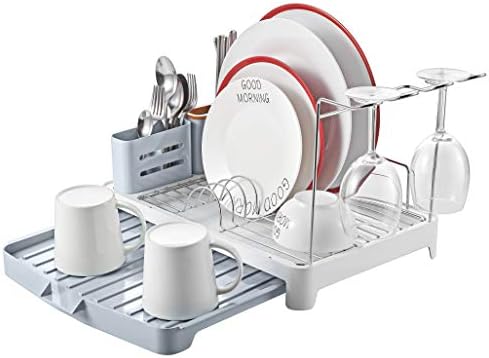 KINGRACK Dish Drainer, Dish Rack Stainless Steel, Dish Drying Rack with Extendable Drip Tray, Extra Draining Board, Cutlery Holder, Wine Glass Holder, Double Plate Rack Drainer for Kitchen