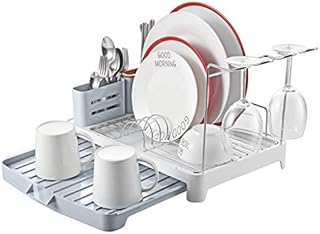 KINGRACK Dish Drainer, Dish Rack Stainless Steel, Dish Drying Rack with Extendable Drip Tray, Extra Draining Board, Cutlery Holder, Wine Glass Holder, Double Plate Rack Drainer for Kitchen