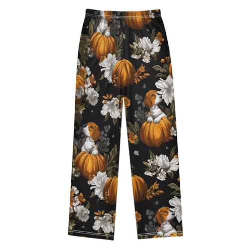 Beagle Pumpkin Flowers Boys Long Pants Soft Trousers Elastic Waist Kids Lounge Bottoms with Pockets S-XL2
