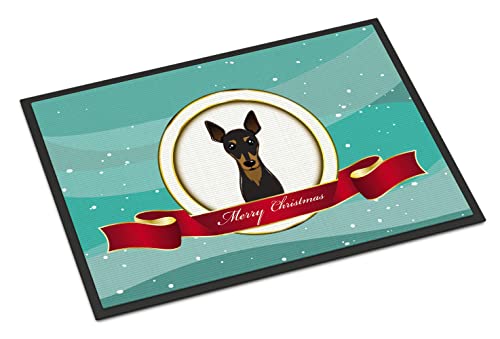 Caroline's Treasures BB1550JMAT Min Pin Merry Christmas Doormat 24x36 Front Door Mat Indoor Outdoor Rugs for Entryway, Non Slip Washable Low Pile, 24H X 36W