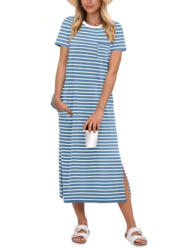 Anrabess Womens Midi Dress,Summer Long Tshirts Dresses,Short Sleeve Split Stripe,Comfy Travel Beach Vacation Casual Wear Medium