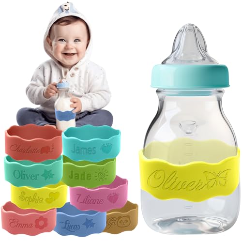 Personalized Water Bottle Name Bands Custom Engraved Silicone Labels Customized Silicone Baby Bottle Labels for Daycare Reusable Baby Bottle Straps for Kids Cups School Waterproof-Yellow