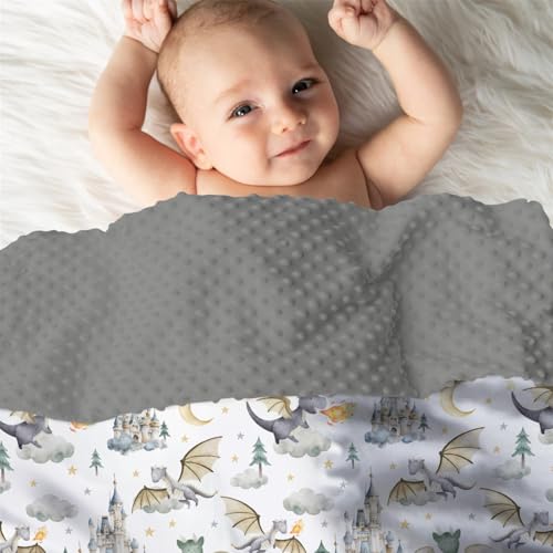 Image of Mink Baby Boys Blanket Dragon Tale Castle, Watercolor Green Moon Clouds Stars Tree Soft Double Layer Dotted Backing Receiving Blankets, Newborn Infant Toddler Nursery Crib Bedding 30