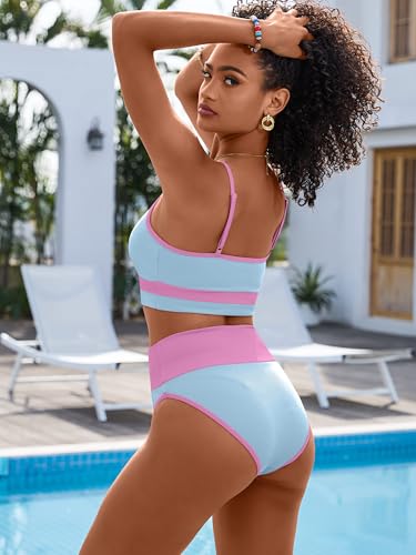 Image of ANRABESS Women's High Waisted Bikini Sets,Color Block 2 Piece Swimsuits,Tummy Control Bathing Suits,Thick Ribbed Beach Wear