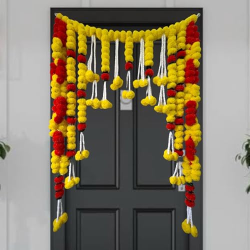 Image of iHandikart Handcrafted red & Yellow Artificial Marigold bandanwar that adds Festive Charm to Doors and Walls. Ideal for Makar Sankranti, Lohri, Housewarming, Pooja decor and Home Decoration (B0085)