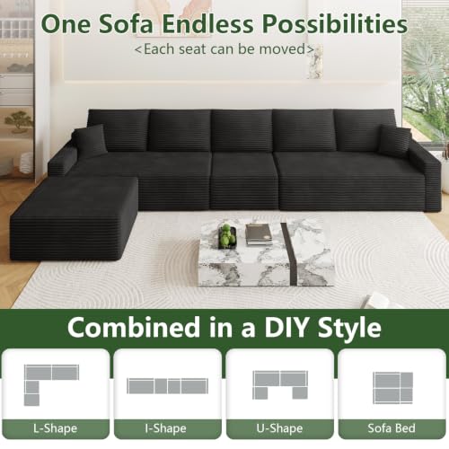 Image of Oversized Modular Sectional Sofa Couch, Large 6 Seater Corner Sofa Modern L Shaped Sectional Couch with Ottoman Cloud Couches for Living Room, Office, Spacious Space, Corduroy, No Assembly, Black