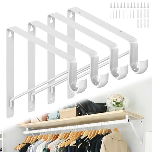 Closet Shelf & Rod Brackets Heavy Duty, 4-Pack Triangular Wall Mounted Shelf Brackets with Clothes Rail Pole Hook, 50kg Load