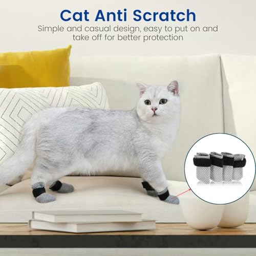 Image of 4 PCS Cat Booties Adjustable Cat Claw Covers Breathable Mesh Anti-Scratch Claw Caps for Kitten, Bathing and Nail Trimming(M,Grey)