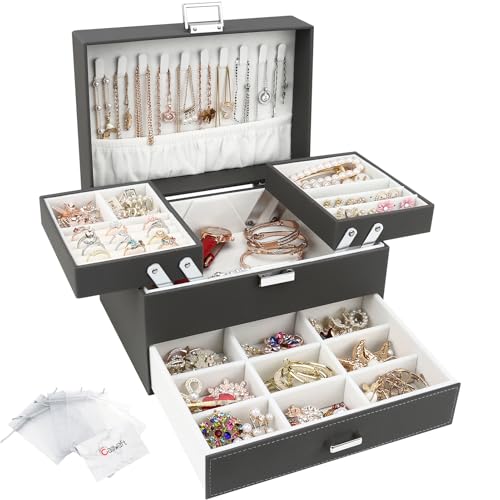 Caja joyero de 3 Niveles con Cajones y Cerradura, Caja para Joyas, Caja organizadora con bandejas, Organizador de Joyas para Pulseras, Pendientes, Anillos, Collares, Dia de la Madre, Gris