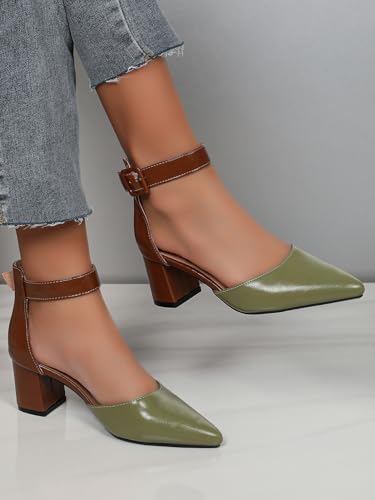 Womens Leather Dressy Ankle Strap Block Heels Pointed Closed Toe D'Orsay Pumps Shoes for Women Evening Party Office Comfortable Low Chunky Heels Two Tone4