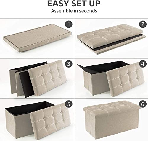 Image of JUGTE Folding Storage Ottoman, Long Sofa Bench, Fabric Linen Footrest Stool for Makeup Cosmetic Laundry, Toys Storage Organizer Bin Box with Lidded Cover (Beige)