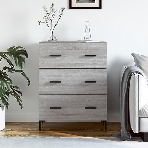 Yunovire Aparador gris Sonoma 69,5 x 34 x 90 cm, madera, patas metálicas, con 3 cajones, para salón, pasillo, cocina, espacio de almacenamiento versátil