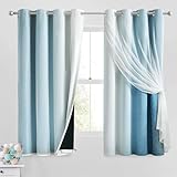 Geomoroccan 100% Blackout Curtains with Sheer Overlay Mix and Match Double Layer Drapes 63 Inch Length 2 Panels for Bedroom Living Room Blue White Ombre Grommet Window Treatment with Tiebacks