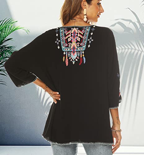 Higustar Mexican Embroidered Tops For Women Bohemian 3/4 Sleeve Shirt Boho Floral Peasant Style Tunic Plus Size Hippie Clothes Black #TOP5