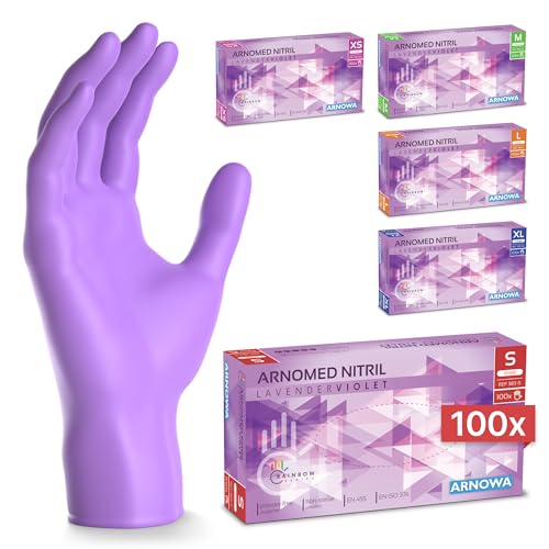100x ARNOMED® Gants en nitrile taille S Violet, Gants à usage unique pour chirurgie & laboratoire, Gants en nitrile sans poudre et sans latex, Moufles en nitrile en XS, S, M, L, XL, XXL