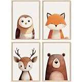 🦌 Bezauberndes Waldtiere-Design: Dieses 4er Set Wandbilder umfasst Tierposter Kinderzimmer mit Illustrationen von Bär, Eule, Hirsch und Fuchs, ideal für die Kinderzimmer Dekoration.