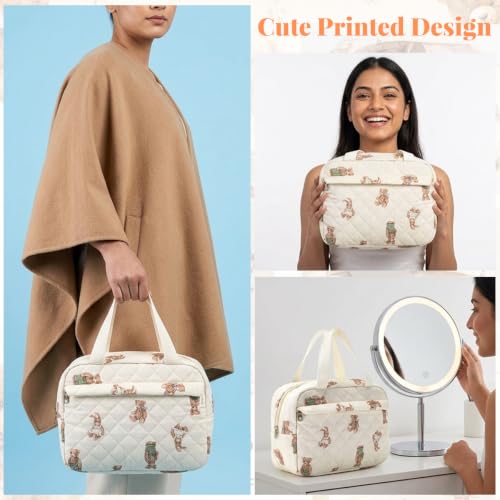 Image of MAYCREATE Large Quilted Makeup Bag Floral Cotton Travel Cosmetic Organizer with Handle for Daily Use and Trips