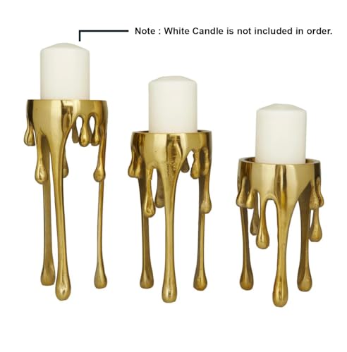Image of ZOVE Luxurious Gold Drip Design Aluminium Metal Candle Holder Set (Set of 3) - Modern Decorative Stand for Pillar Candles | Home, Living Room & Table Decor