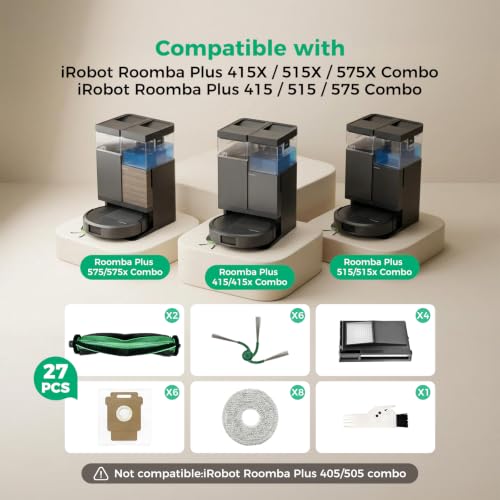 Image of 415X Replacement Part for iRobot Roomba Plus 415 /415X /515 /515X /575 /575X Combo,27PCS Accessories 2 Main Brushes, 6 Side Brushes, 6 Dust Bags, 4 Filters, 8 Mop Pads