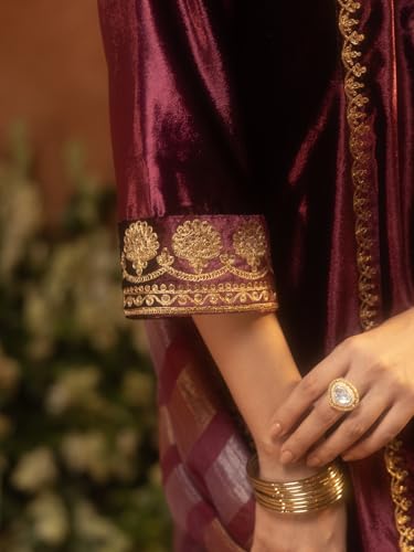 Image of FIORRA Women Wine Ice Velvet Embroidered Kurta Set with Dupatta