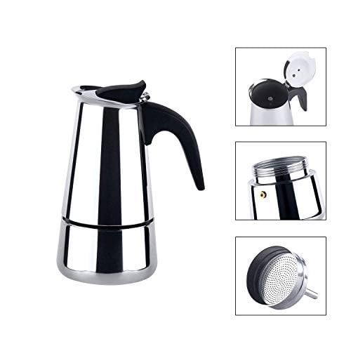 Image of Stainless Steel Espresso Coffee Maker - Premium Portable Induction Base Percolator Moka Pot for Italian Coffee - Silver (4 Cup)